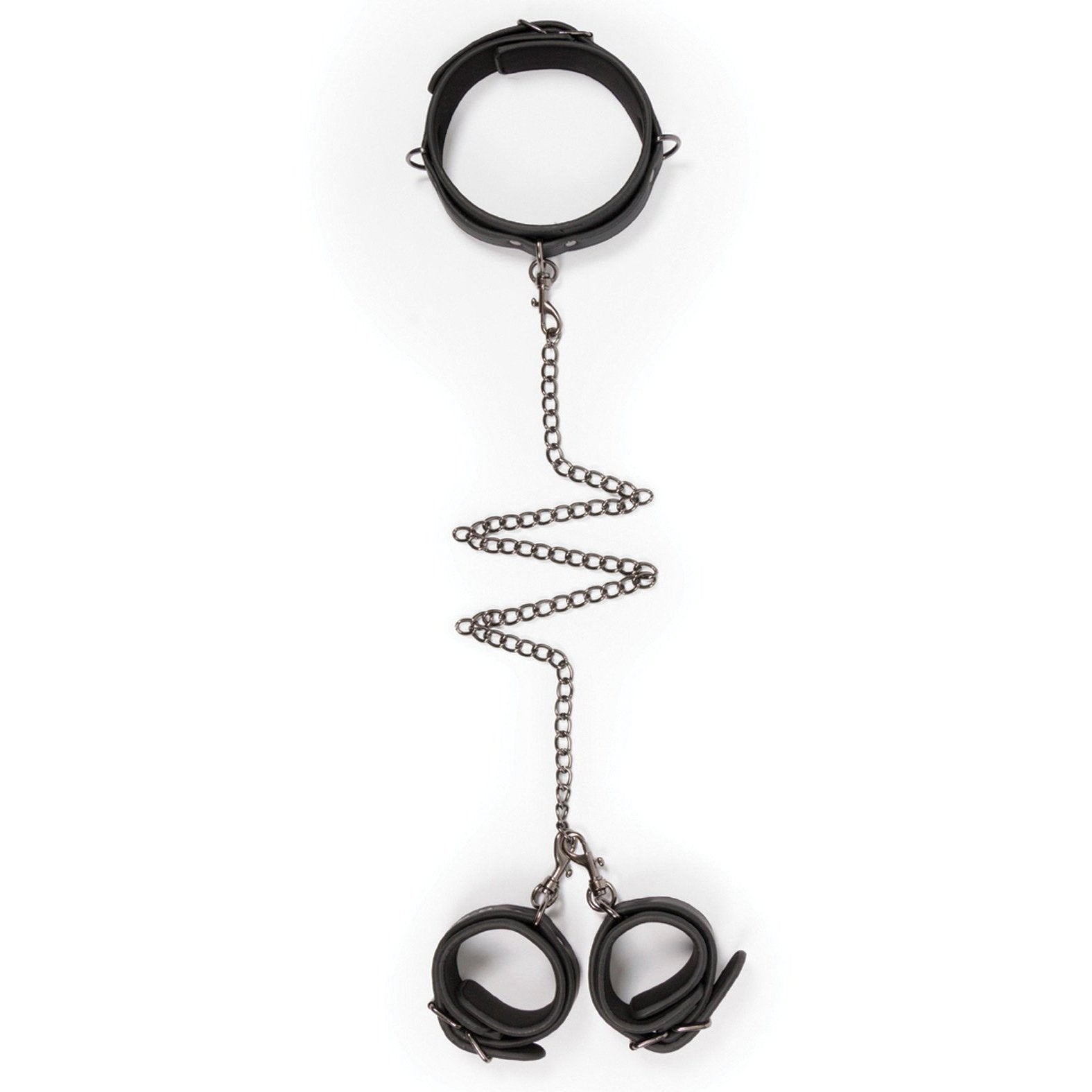 The Easy Toys Faux Leather Collar w/ Handcuffs is ideal for BDSM enthusiasts, featuring a black faux leather collar connected to two wrist cuffs by a silver chain. Both collar and cuffs have adjustable buckle straps for secure bondage restraints.