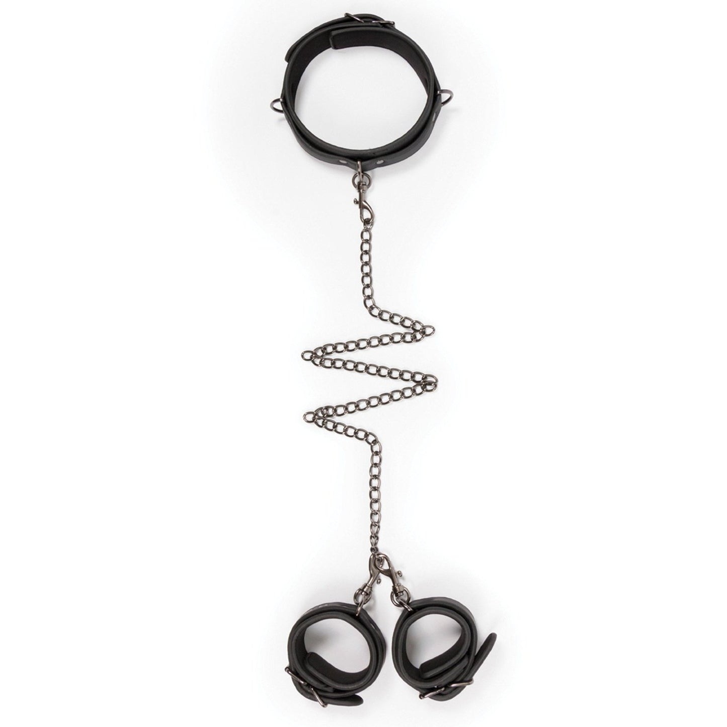 The Easy Toys Faux Leather Collar with Handcuffs offers BDSM elegance, showcasing a faux leather collar and wrist cuffs connected by metal chains, all displayed vertically against a white background.
