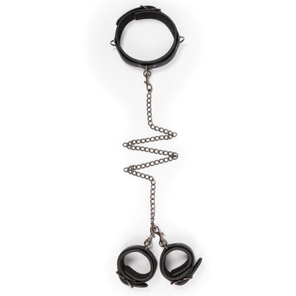 The Easy Toys Faux Leather Collar with Handcuffs offers BDSM elegance, showcasing a faux leather collar and wrist cuffs connected by metal chains, all displayed vertically against a white background.