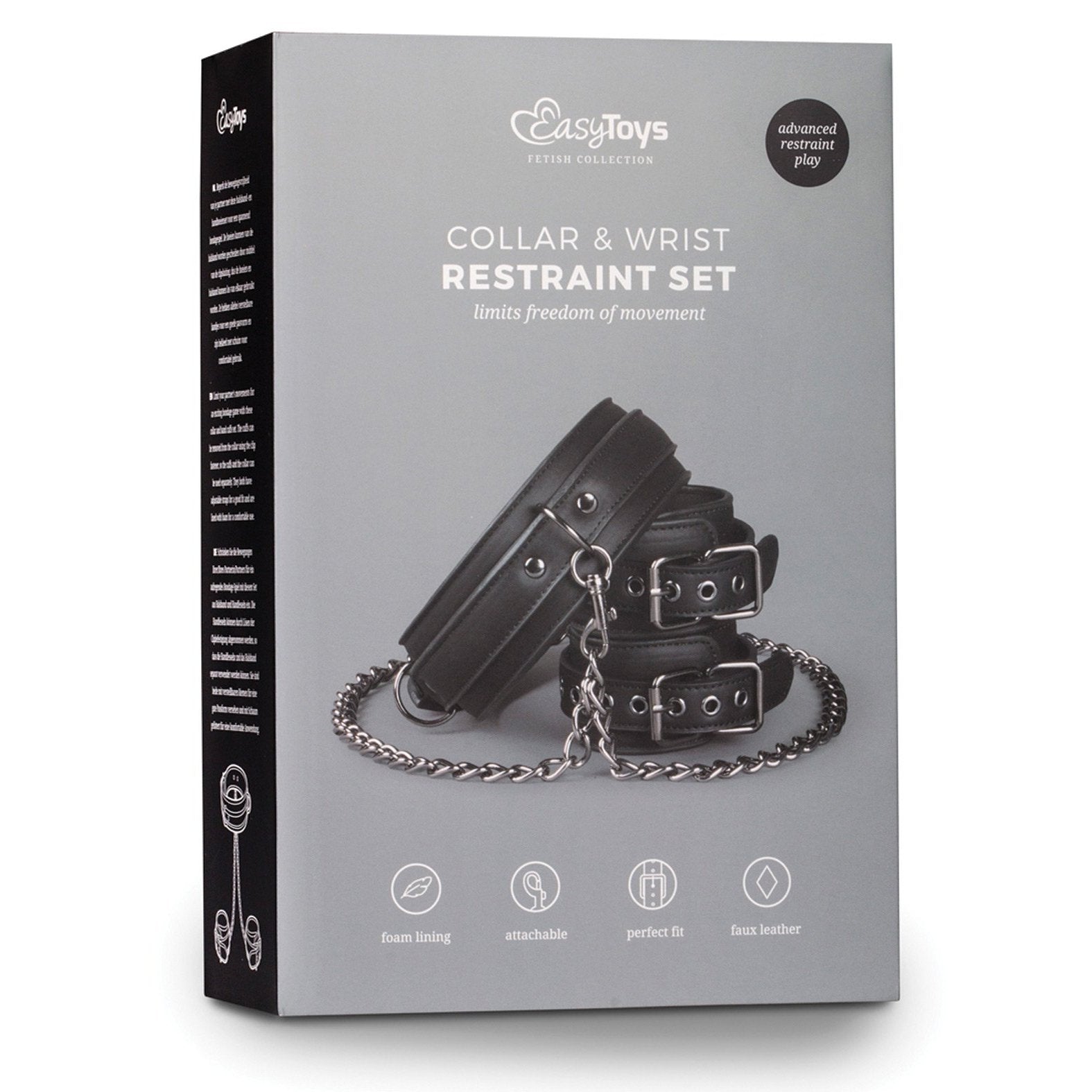 The Easy Toys Faux Leather Collar with Handcuffs is packaged in a sleek box, showcasing black faux leather restraints linked by a chain. The packaging highlights features like foam lining, an attachable design, and advanced BDSM play for bondage exploration.