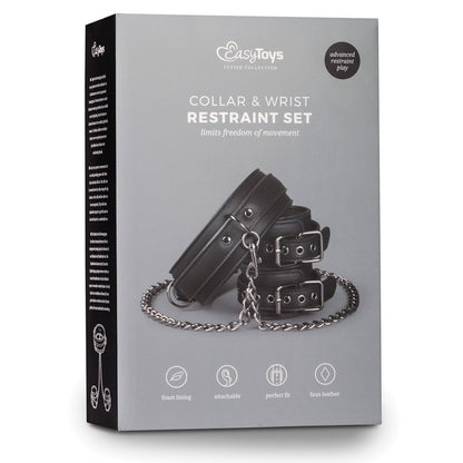 The Easy Toys Faux Leather Collar with Handcuffs is packaged in a sleek box, showcasing black faux leather restraints linked by a chain. The packaging highlights features like foam lining, an attachable design, and advanced BDSM play for bondage exploration.