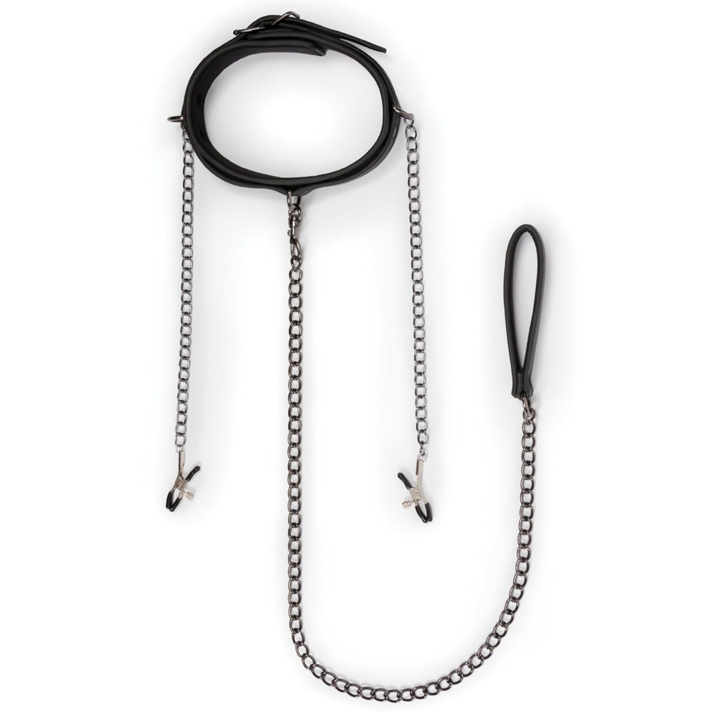 The Easy Toys Faux Leather Collar with Nipple Chains by Easy Toys is a black adjustable collar featuring attached chains, nipple clamps, and a looped handle, designed for use as BDSM restraints or a decorative accessory. Displayed against a plain white background.