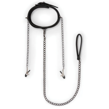 The Easy Toys Faux Leather Collar with Nipple Chains by Easy Toys is a black adjustable collar featuring attached chains, nipple clamps, and a looped handle, designed for use as BDSM restraints or a decorative accessory. Displayed against a plain white background.
