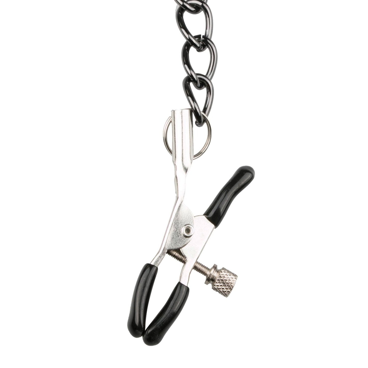 The Easy Toys Faux Leather Collar w/Nipple Chains is ideal for BDSM enthusiasts, featuring a black chain and metal clamps with rubber grips for precise tension control, enhancing customization like an adjustable collar.