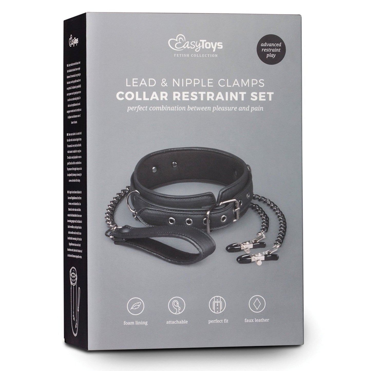 The Easy Toys Faux Leather Collar w/Nipple Chains box displays a black faux leather collar, leash, and BDSM restraints with nipple clamps. The packaging emphasizes foam lining, perfect fit, adjustable collar, and attachable features for a personalized experience.