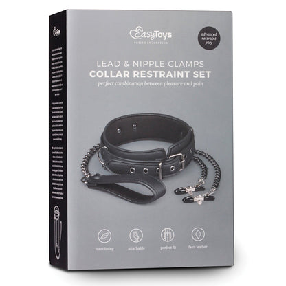 The Easy Toys Faux Leather Collar w/Nipple Chains box displays a black faux leather collar, leash, and BDSM restraints with nipple clamps. The packaging emphasizes foam lining, perfect fit, adjustable collar, and attachable features for a personalized experience.