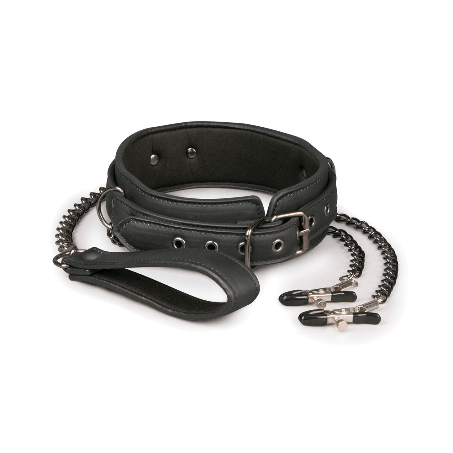 The Easy Toys Faux Leather Collar w/Nipple Chains features a black adjustable collar with metal eyelets, a short chain lead, leather loop handle, and two black-tipped nipple clamps connected to the chain, making it an enticing addition to your BDSM collection.