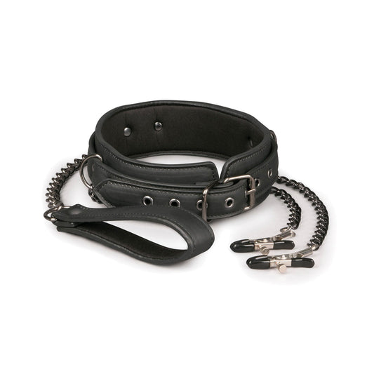 The Easy Toys Faux Leather Collar w/Nipple Chains features a black adjustable collar with metal eyelets, a short chain lead, leather loop handle, and two black-tipped nipple clamps connected to the chain, making it an enticing addition to your BDSM collection.
