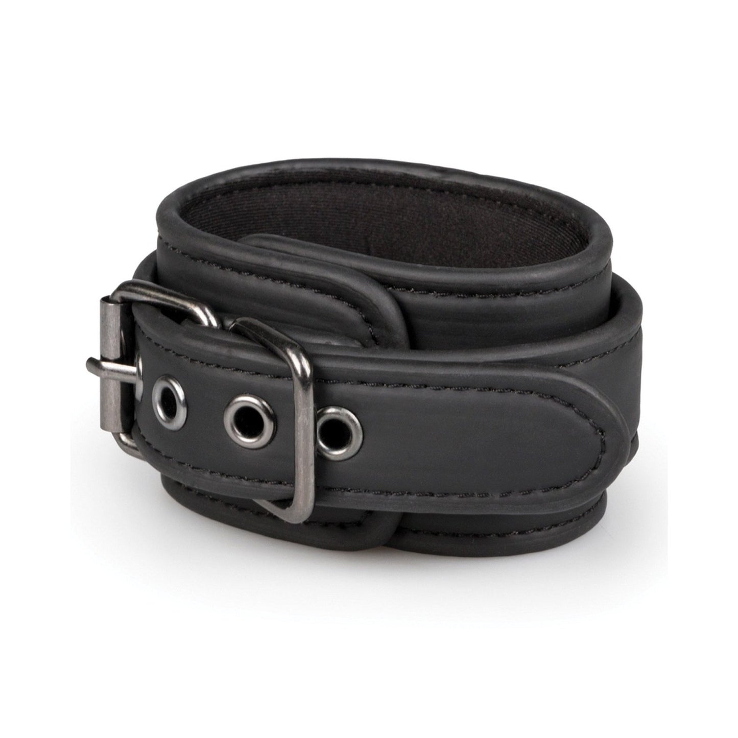 The Easy Toys Faux Leather Handcuffs, a stylish black leather cuff with an adjustable metal buckle and grommet detailing, resembles sleek handcuffs. They are elegantly displayed on a plain white background.