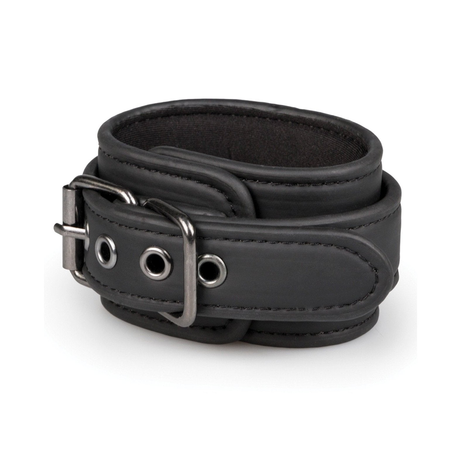 The Easy Toys Faux Leather Handcuffs, a stylish black leather cuff with an adjustable metal buckle and grommet detailing, resembles sleek handcuffs. They are elegantly displayed on a plain white background.