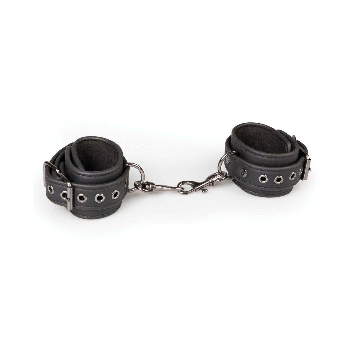 Easy Toys Faux Leather Handcuffs feature black faux leather with adjustable cuffs connected by a short chain and metal clasps. Each cuff includes silver eyelets and buckles for customization, set against a plain white background.