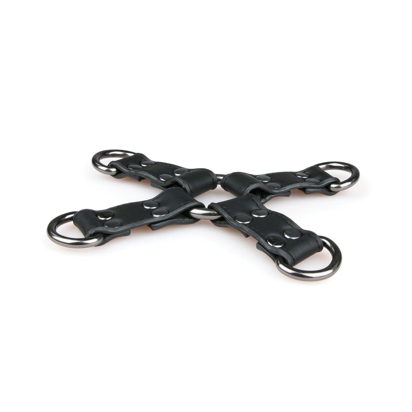 The Easy Toys Faux Leather Hogtie by Easy Toys features adjustable straps arranged in an X shape with four metal rings, ideal for versatile restraint enthusiasts.