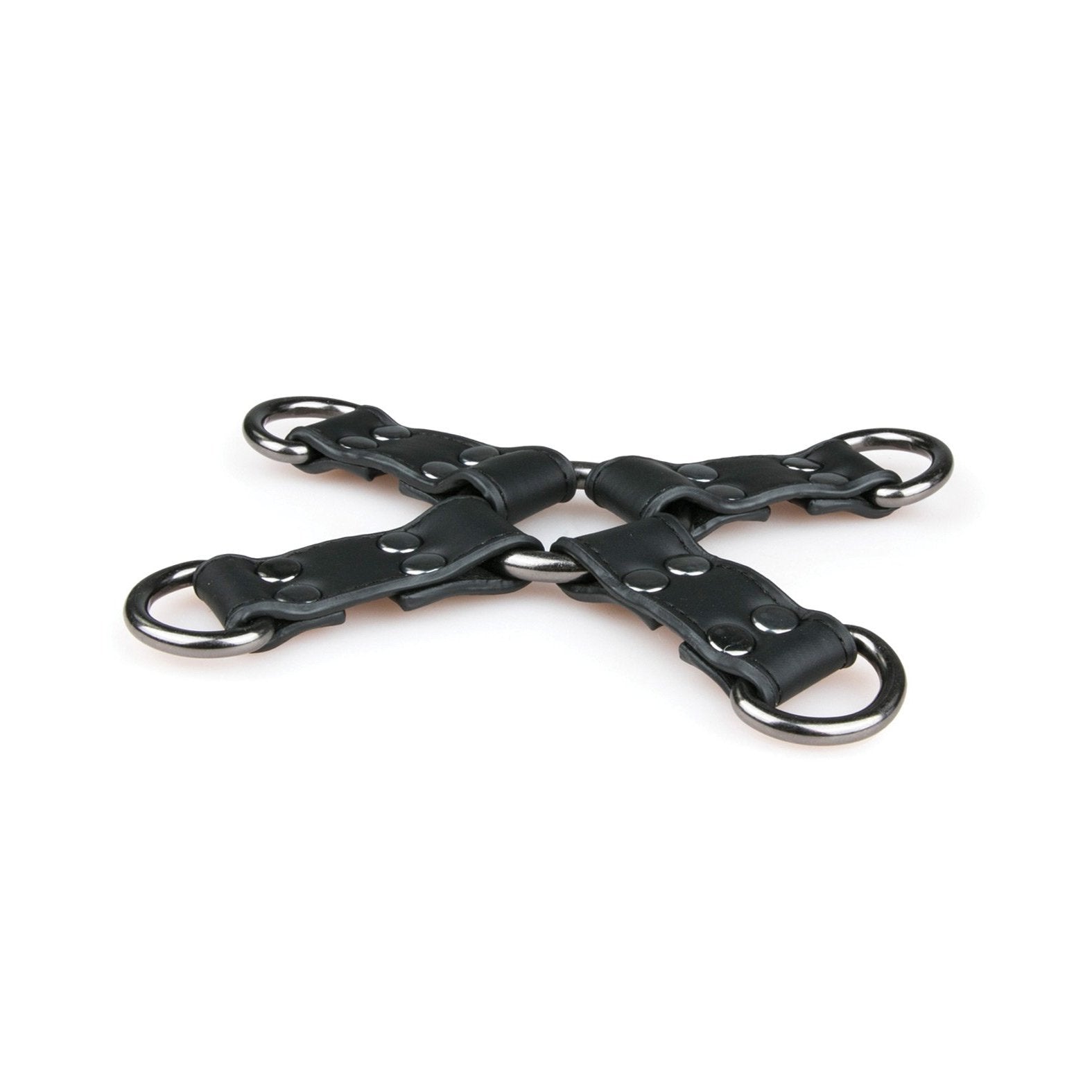 The Easy Toys Faux Leather Hogtie by Easy Toys features adjustable straps arranged in an X shape with four metal rings, ideal for versatile restraint enthusiasts.