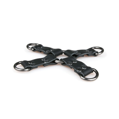 The Easy Toys Faux Leather Hogtie by Easy Toys features adjustable straps arranged in an X shape with four metal rings, ideal for versatile restraint enthusiasts.