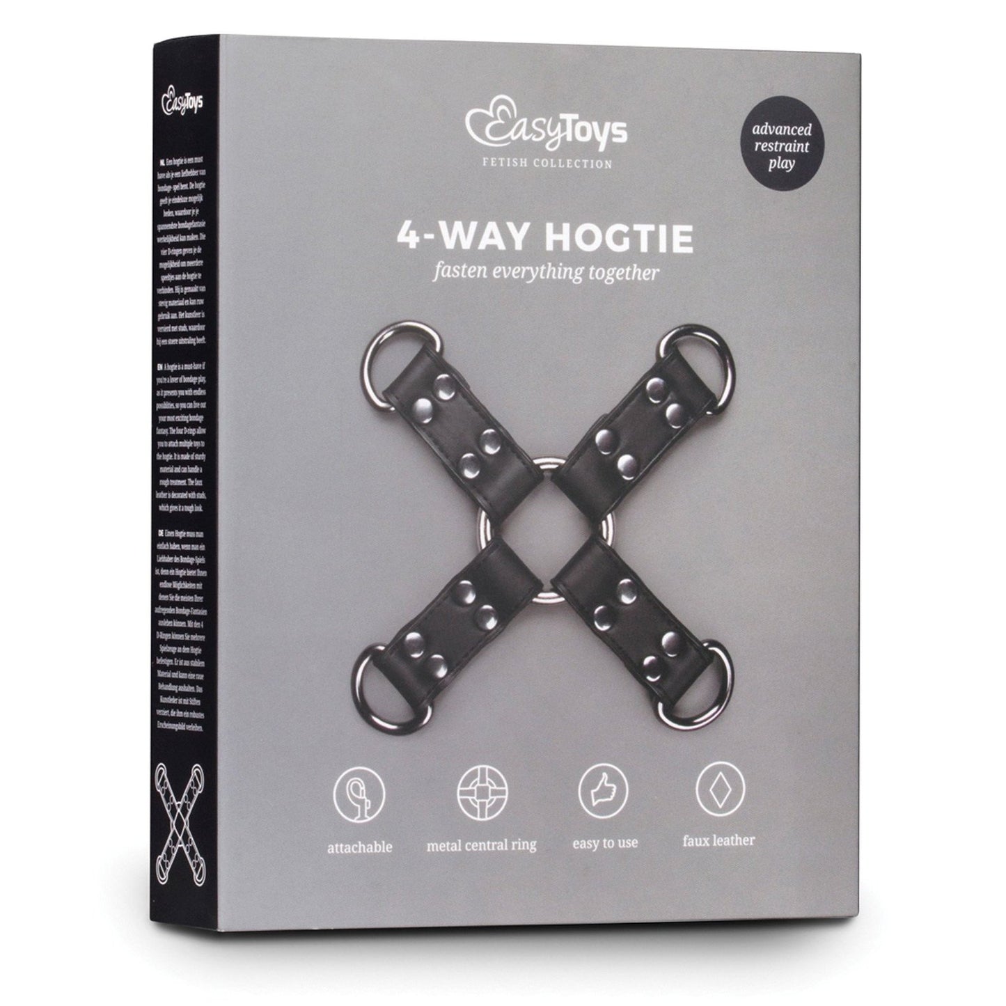 The Easy Toys Faux Leather Hogtie box from Easy Toys showcases this stylish restraint, featuring gray packaging with a photo of the hogties metal rings and faux leather straps, along with text highlighting its exciting features.