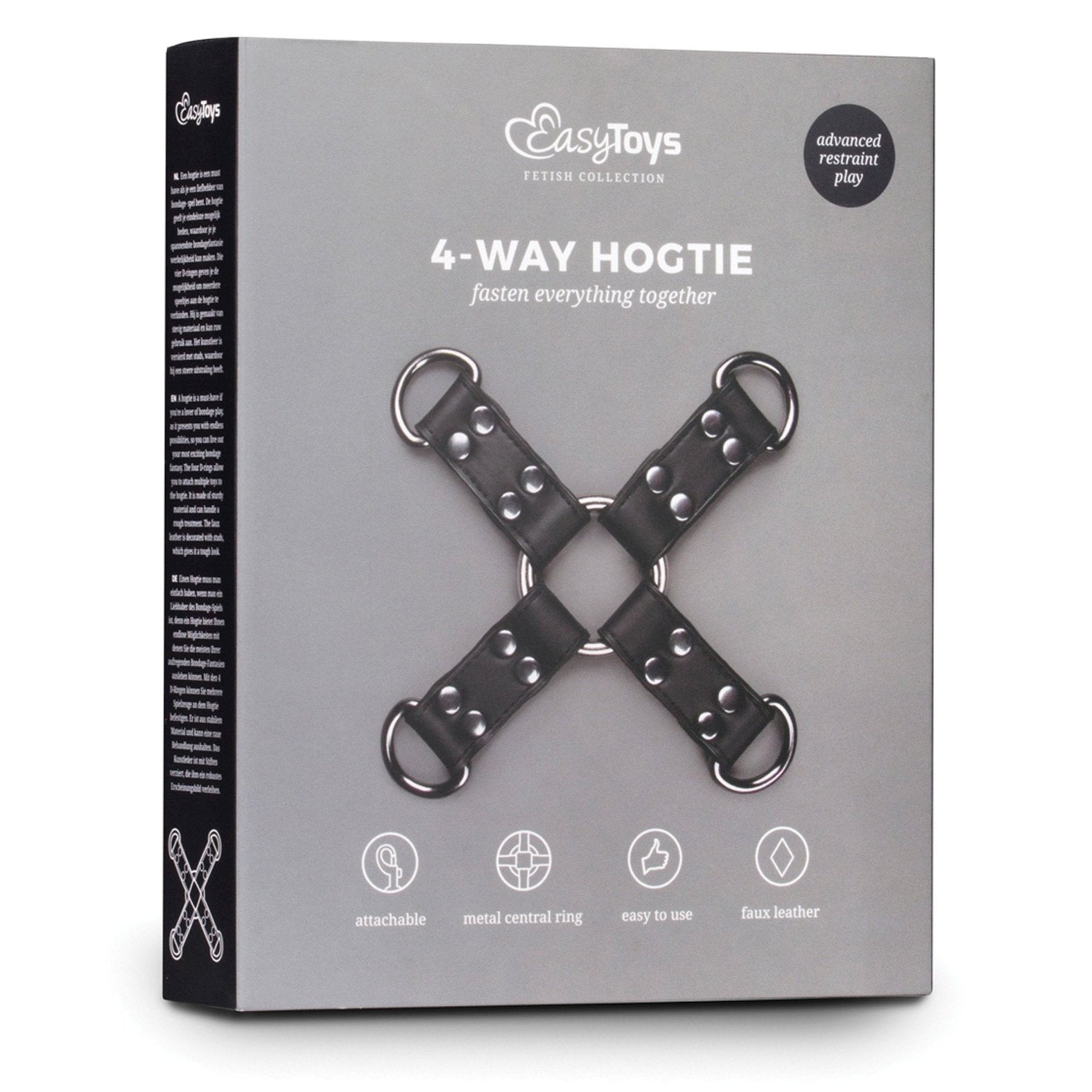 The Easy Toys Faux Leather Hogtie box from Easy Toys showcases this stylish restraint, featuring gray packaging with a photo of the hogties metal rings and faux leather straps, along with text highlighting its exciting features.