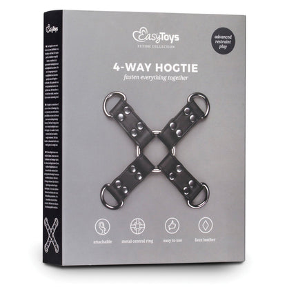 The Easy Toys Faux Leather Hogtie box from Easy Toys showcases this stylish restraint, featuring gray packaging with a photo of the hogties metal rings and faux leather straps, along with text highlighting its exciting features.