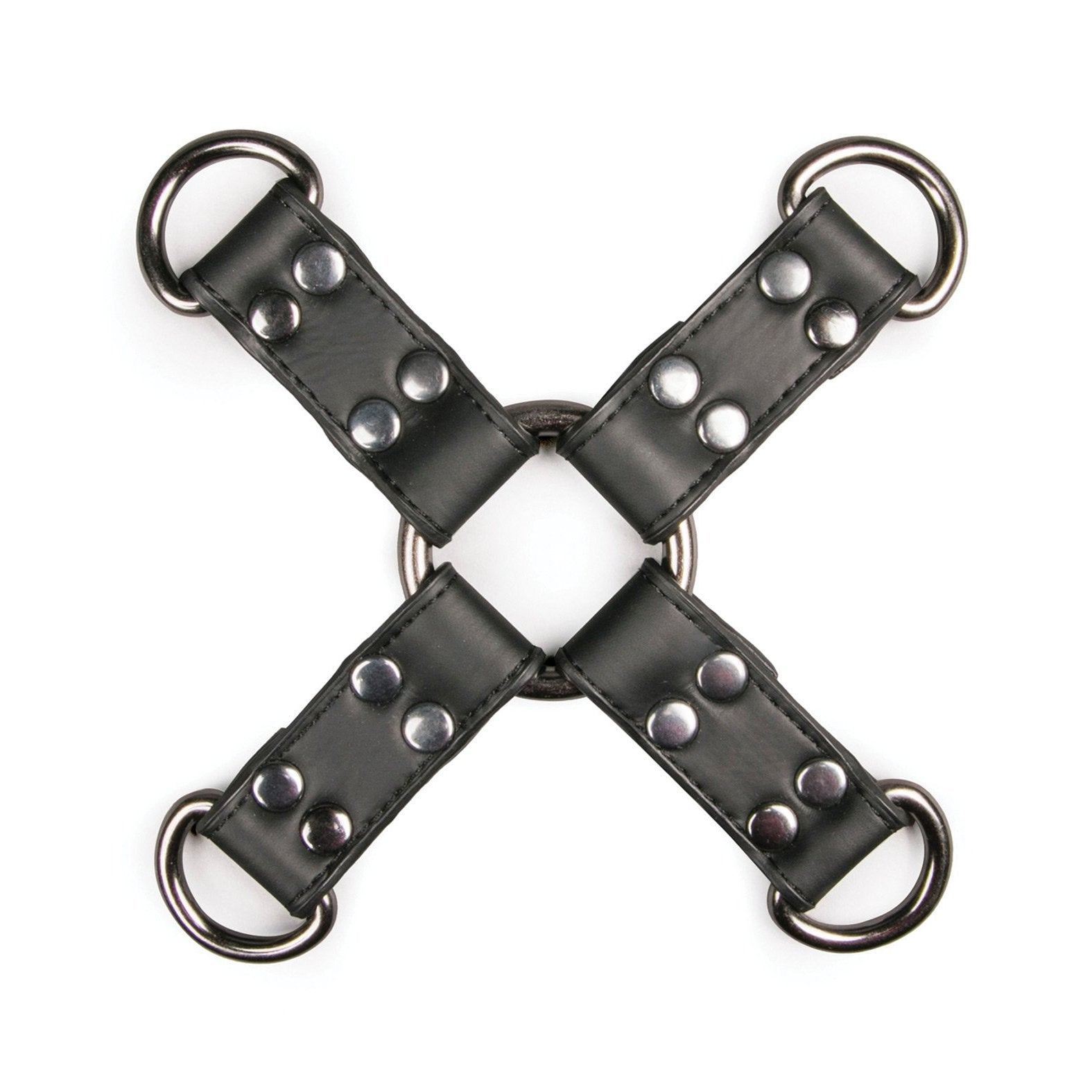 The Easy Toys Faux Leather Hogtie, from Easy Toys, features a black faux leather strap forming an X shape. Each end has a metal ring, connected in the center with a circular metal piece and secured by metal rivets for a stylish hogtie setup.