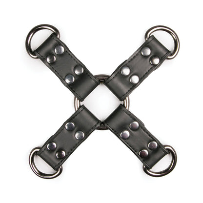 The Easy Toys Faux Leather Hogtie, from Easy Toys, features a black faux leather strap forming an X shape. Each end has a metal ring, connected in the center with a circular metal piece and secured by metal rivets for a stylish hogtie setup.