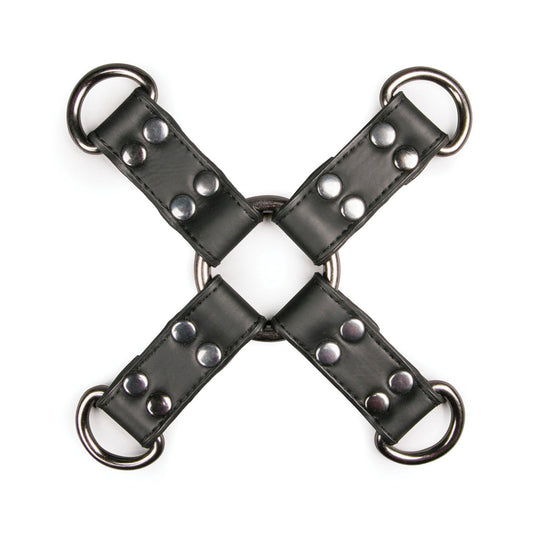 The Easy Toys Faux Leather Hogtie, from Easy Toys, features a black faux leather strap forming an X shape. Each end has a metal ring, connected in the center with a circular metal piece and secured by metal rivets for a stylish hogtie setup.