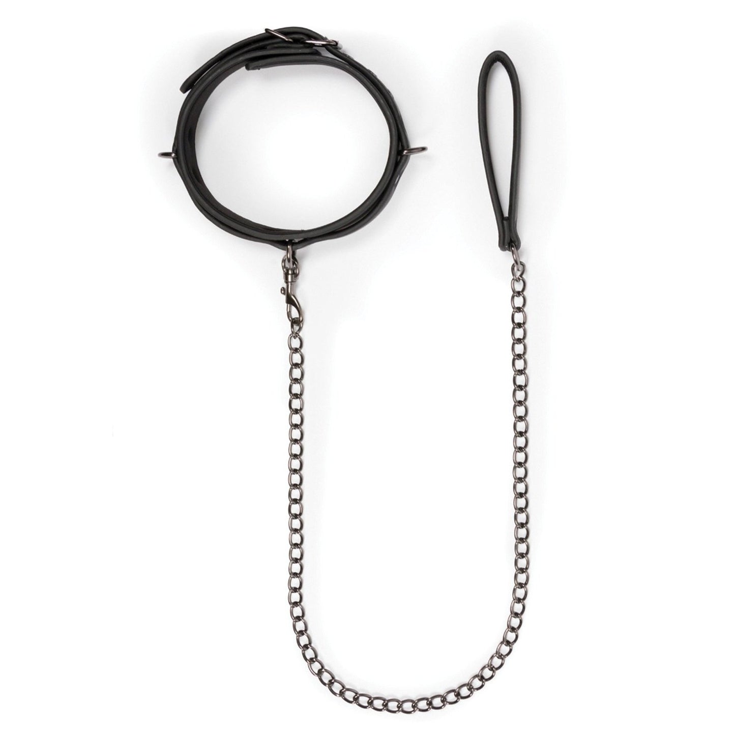 The Easy Toys Fetish Collar & Leash set features a black faux leather spiked adjustable collar connected to a metal chain and includes a loop handle for easy control.