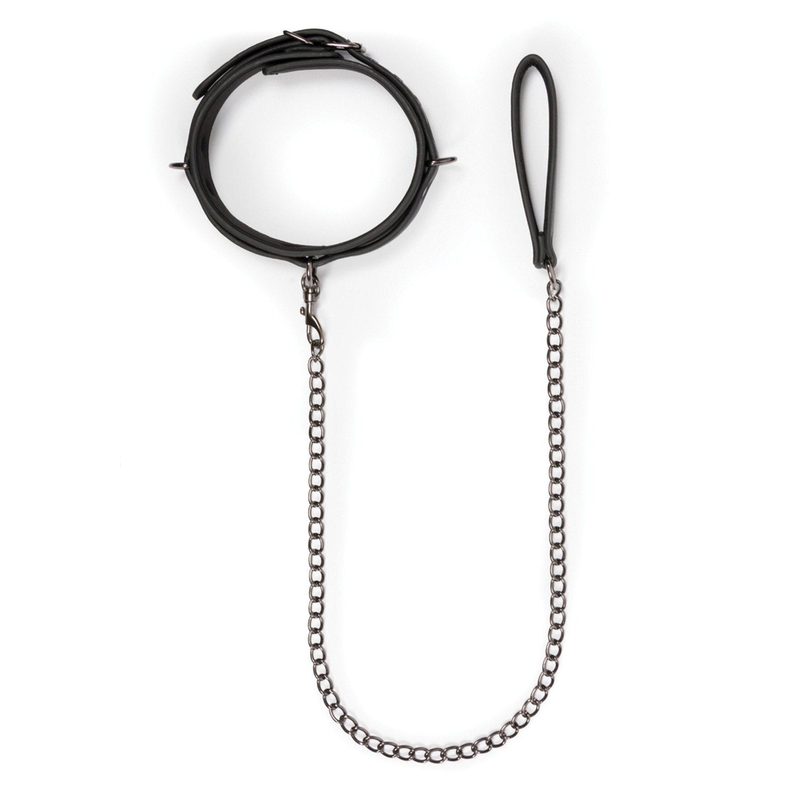 The Easy Toys Fetish Collar & Leash set features a black faux leather spiked adjustable collar connected to a metal chain and includes a loop handle for easy control.