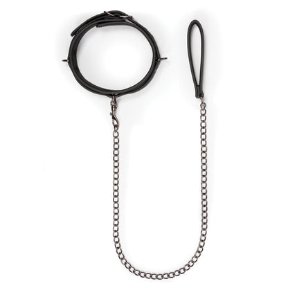 The Easy Toys Fetish Collar & Leash set features a black faux leather spiked adjustable collar connected to a metal chain and includes a loop handle for easy control.