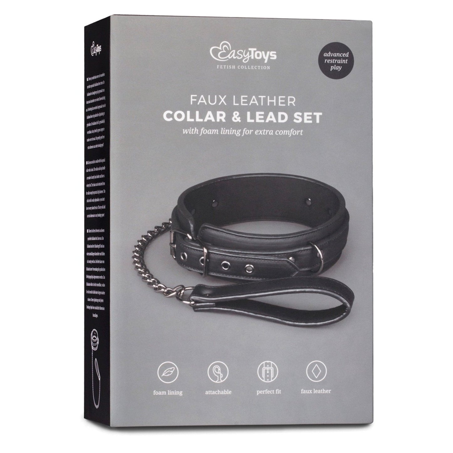 The Easy Toys Fetish Collar & Leash comes in gray packaging with images of the black collar and lead. Highlights include foam lining, an adjustable collar, attachable design, and high-quality faux leather material.