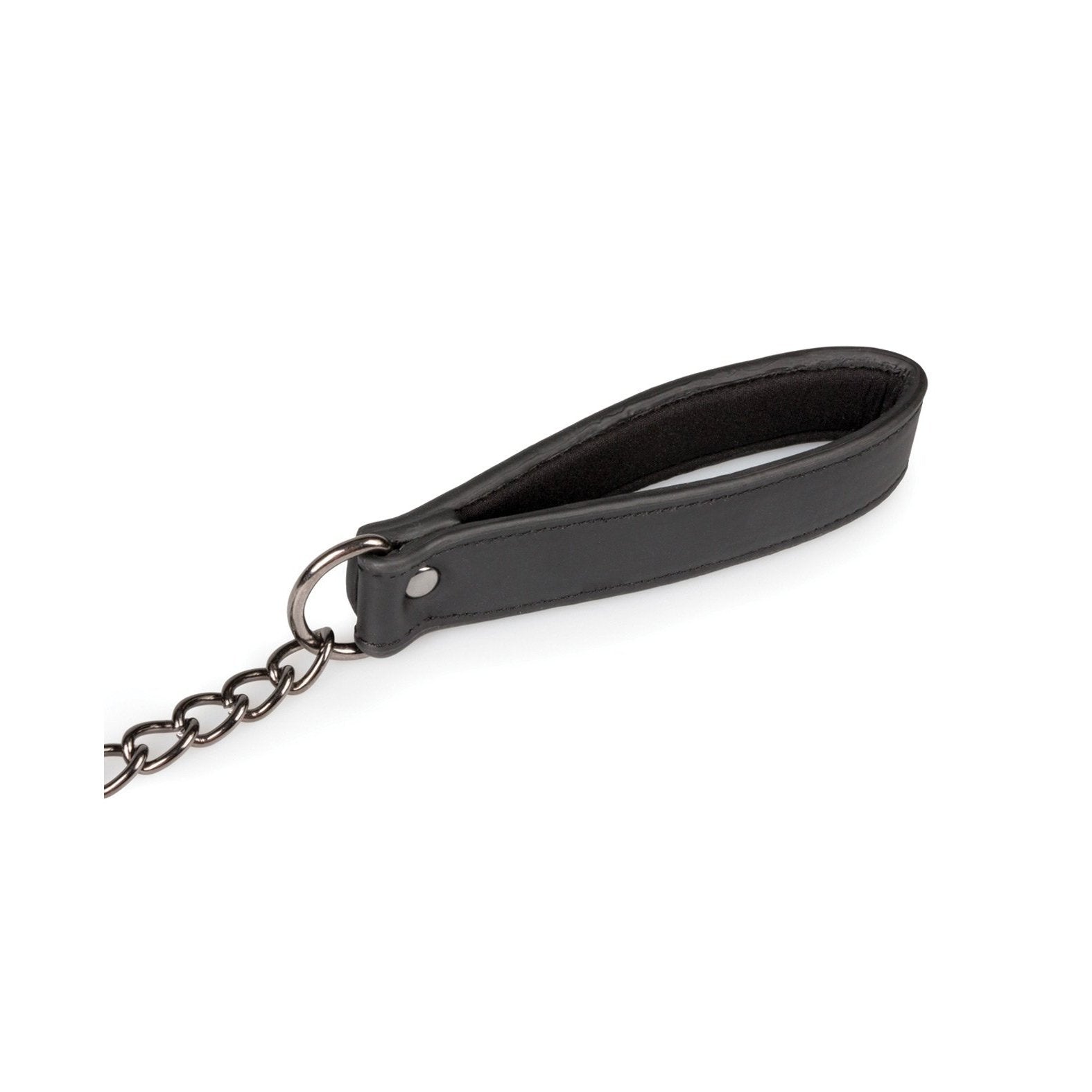 Close-up of a black faux leather loop handle from the Easy Toys Fetish Collar & Leash, attached to a metal chain resembling an elegant leash set. The handle is secured with a metal ring and rivet, set against a plain white background. Brand: Easy Toys.