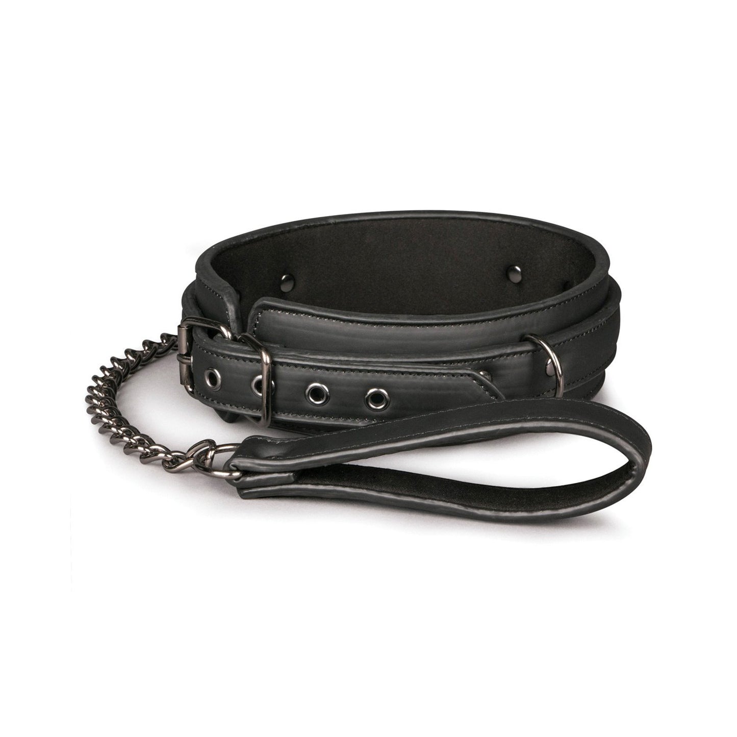 The Easy Toys Fetish Collar & Leash by Easy Toys features a black faux leather collar with metal eyelets for adjustable sizing, and an attached chain link leading to a matching looped handle that ensures both style and function.