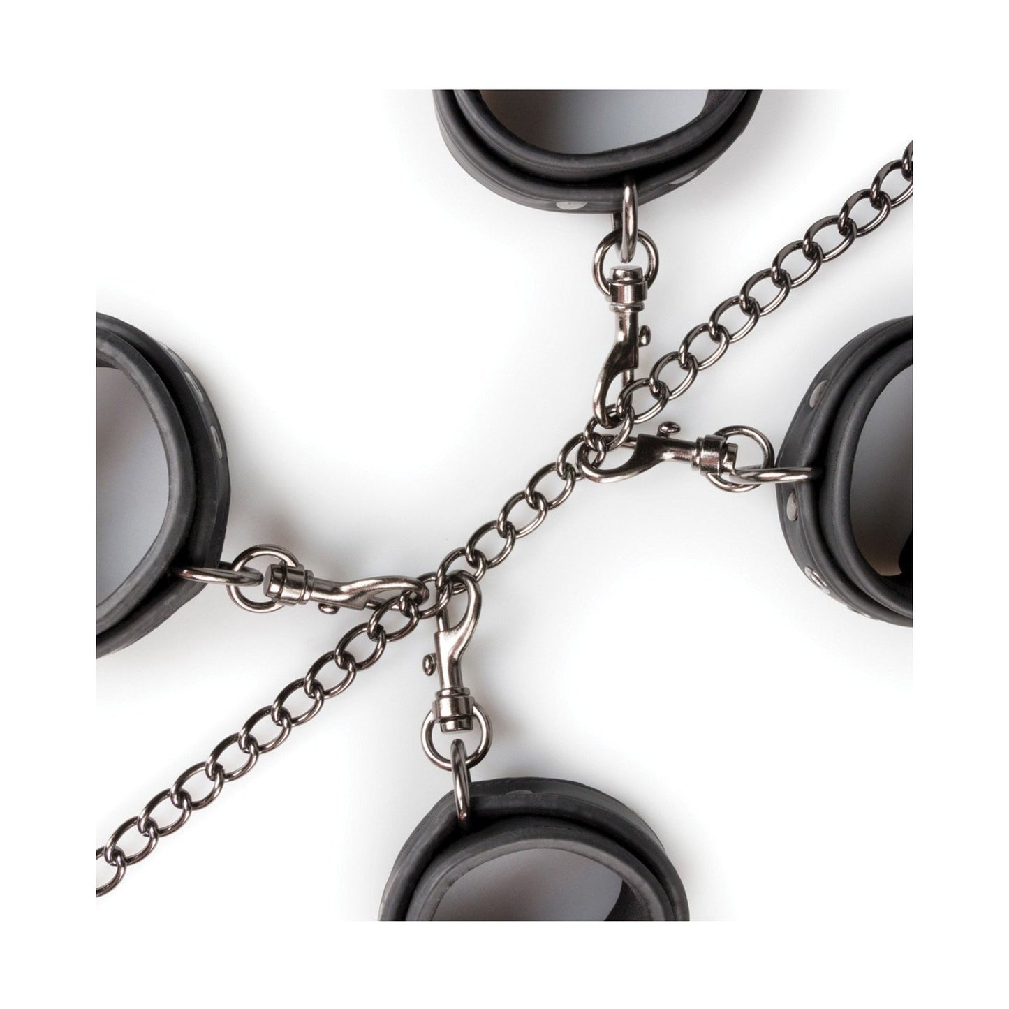 Close-up of the Easy Toys Fetish Set with Collar Ankle & Wrist Cuffs on a white background. Four faux leather cuffs are symmetrically connected by a silver hogtie chain to a central clasp, providing visual appeal and functionality in bondage setups.