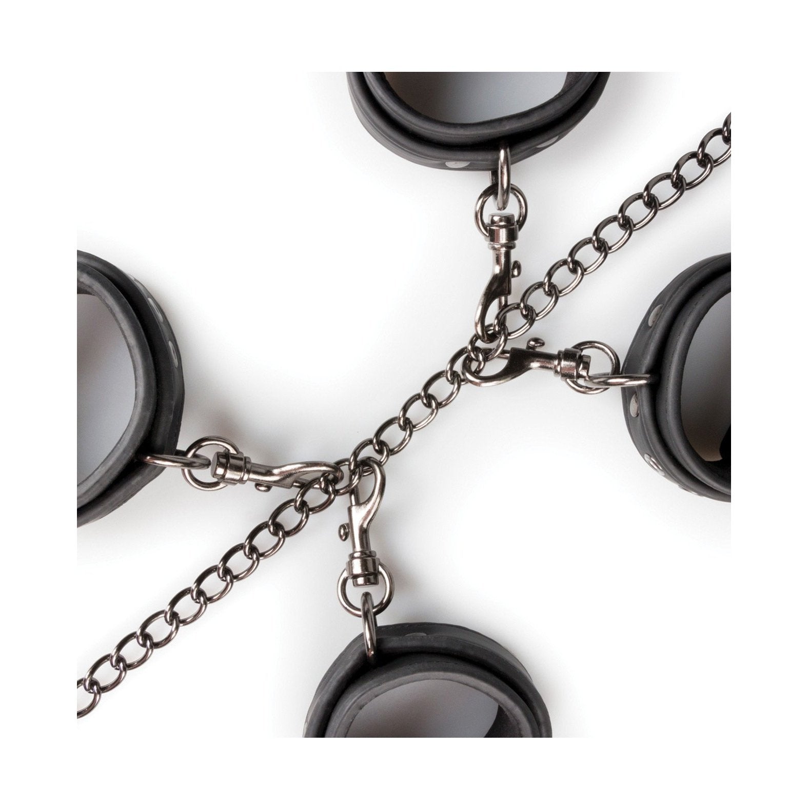 Close-up of the Easy Toys Fetish Set with Collar Ankle & Wrist Cuffs on a white background. Four faux leather cuffs are symmetrically connected by a silver hogtie chain to a central clasp, providing visual appeal and functionality in bondage setups.