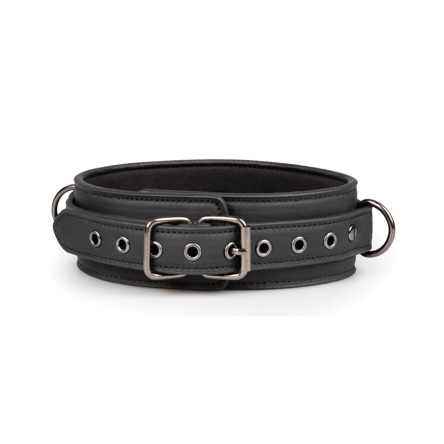 The Easy Toys Fetish Set includes a stylish black leather collar with a silver buckle and multiple eyelets, perfect for your bondage gear collection. It features two metal rings on each side, ideal for attaching cuffs or connecting with a hogtie chain.