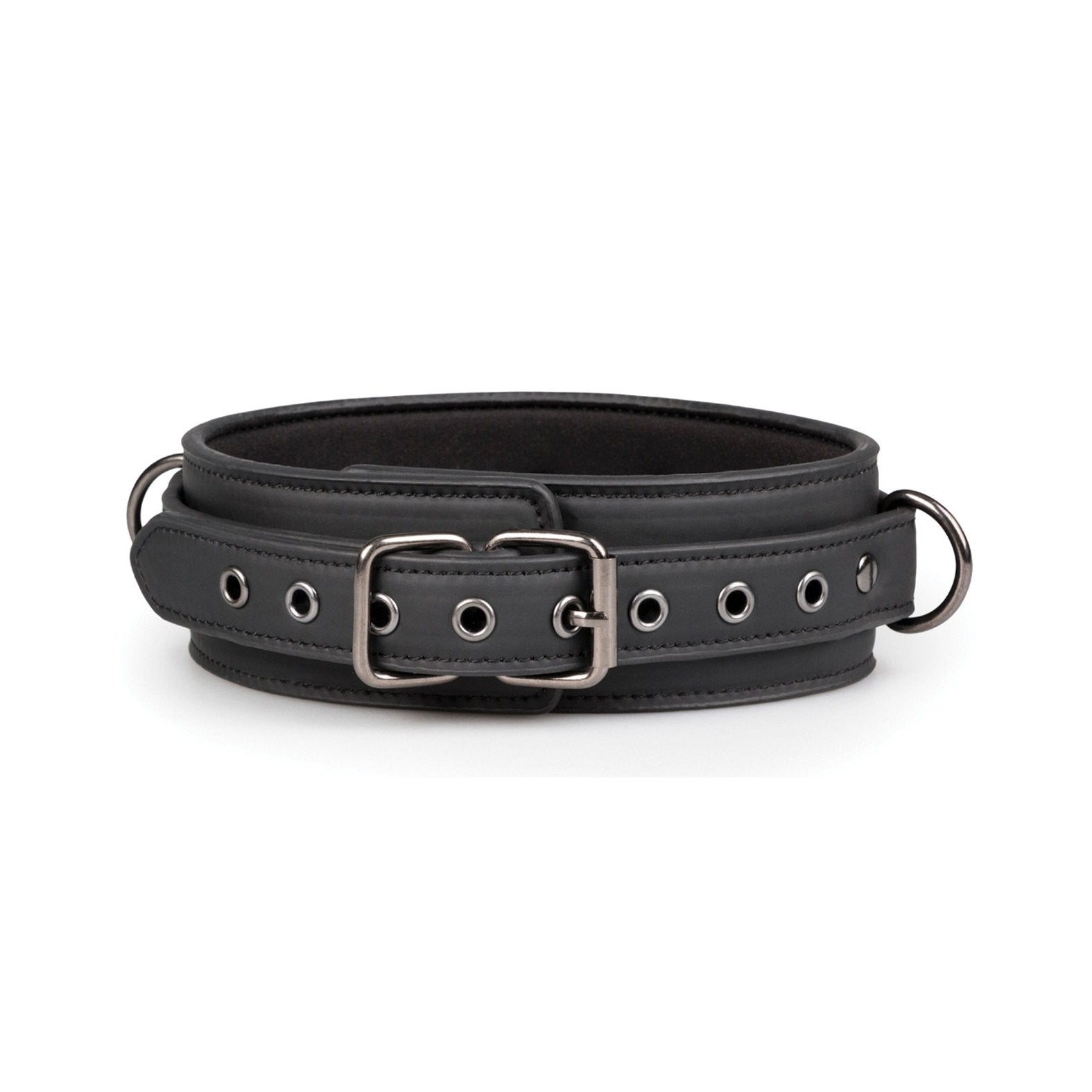 The Easy Toys Fetish Set includes a stylish black leather collar with a silver buckle and multiple eyelets, perfect for your bondage gear collection. It features two metal rings on each side, ideal for attaching cuffs or connecting with a hogtie chain.