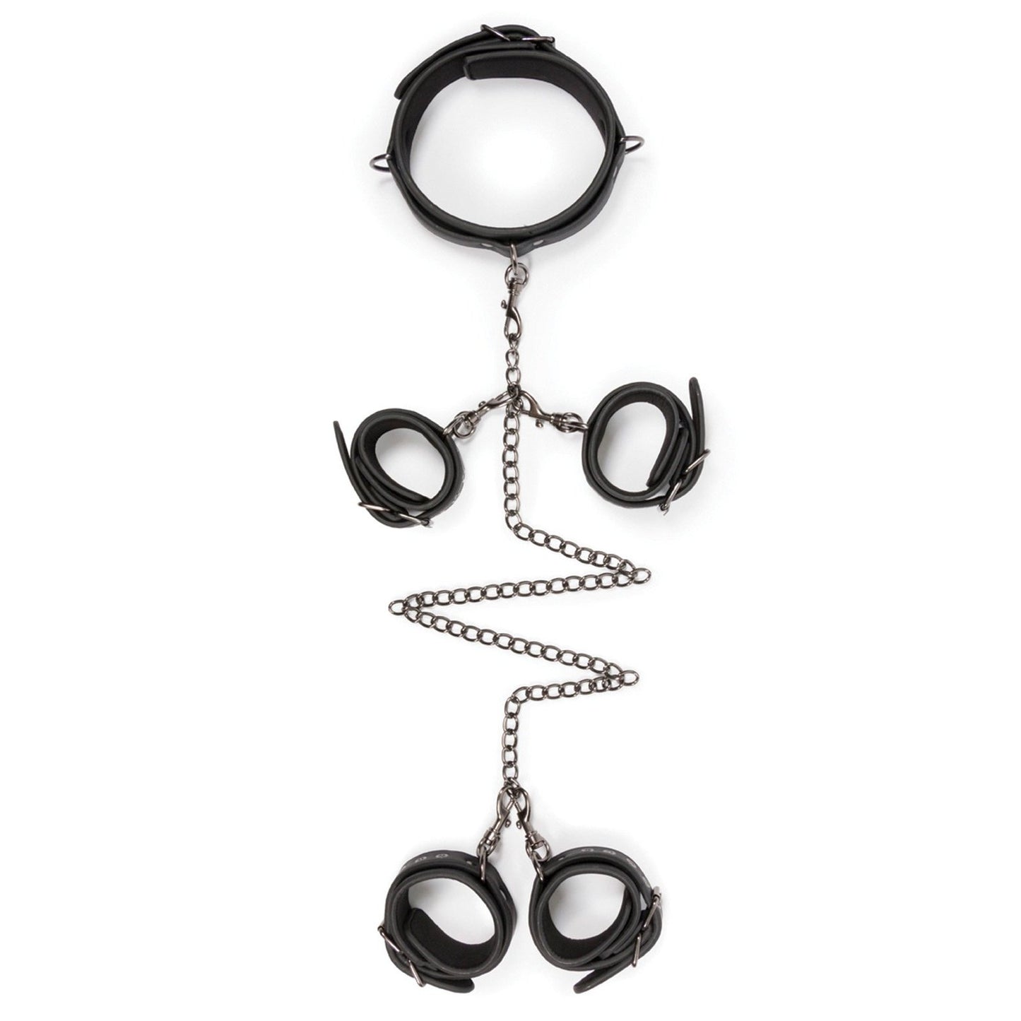 The Easy Toys Fetish Set with Collar, Ankle & Wrist Cuffs, made from black faux leather and joined by hogtie chains, is elegantly displayed on a white background.