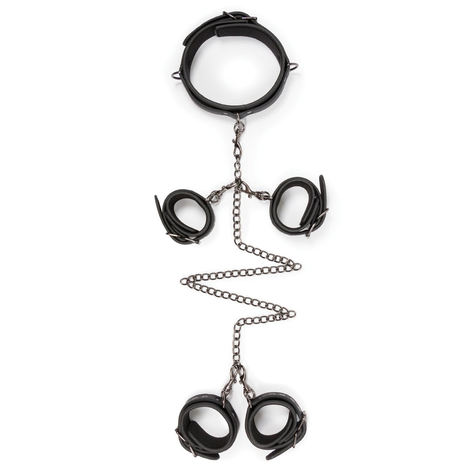 The Easy Toys Fetish Set with Collar, Ankle & Wrist Cuffs, made from black faux leather and joined by hogtie chains, is elegantly displayed on a white background.