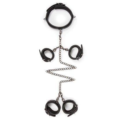 The Easy Toys Fetish Set with Collar, Ankle & Wrist Cuffs, made from black faux leather and joined by hogtie chains, is elegantly displayed on a white background.