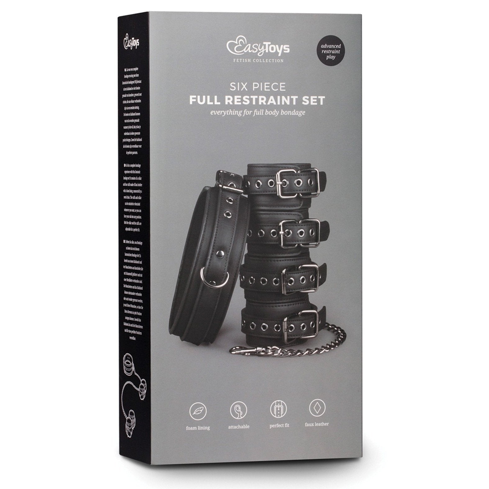 A black box with white text presents the Easy Toys Fetish Set with Collar Ankle & Wrist Cuffs from Easy Toys, showcasing bondage gear like faux leather cuffs and a hogtie chain, ideal for full body restraint.