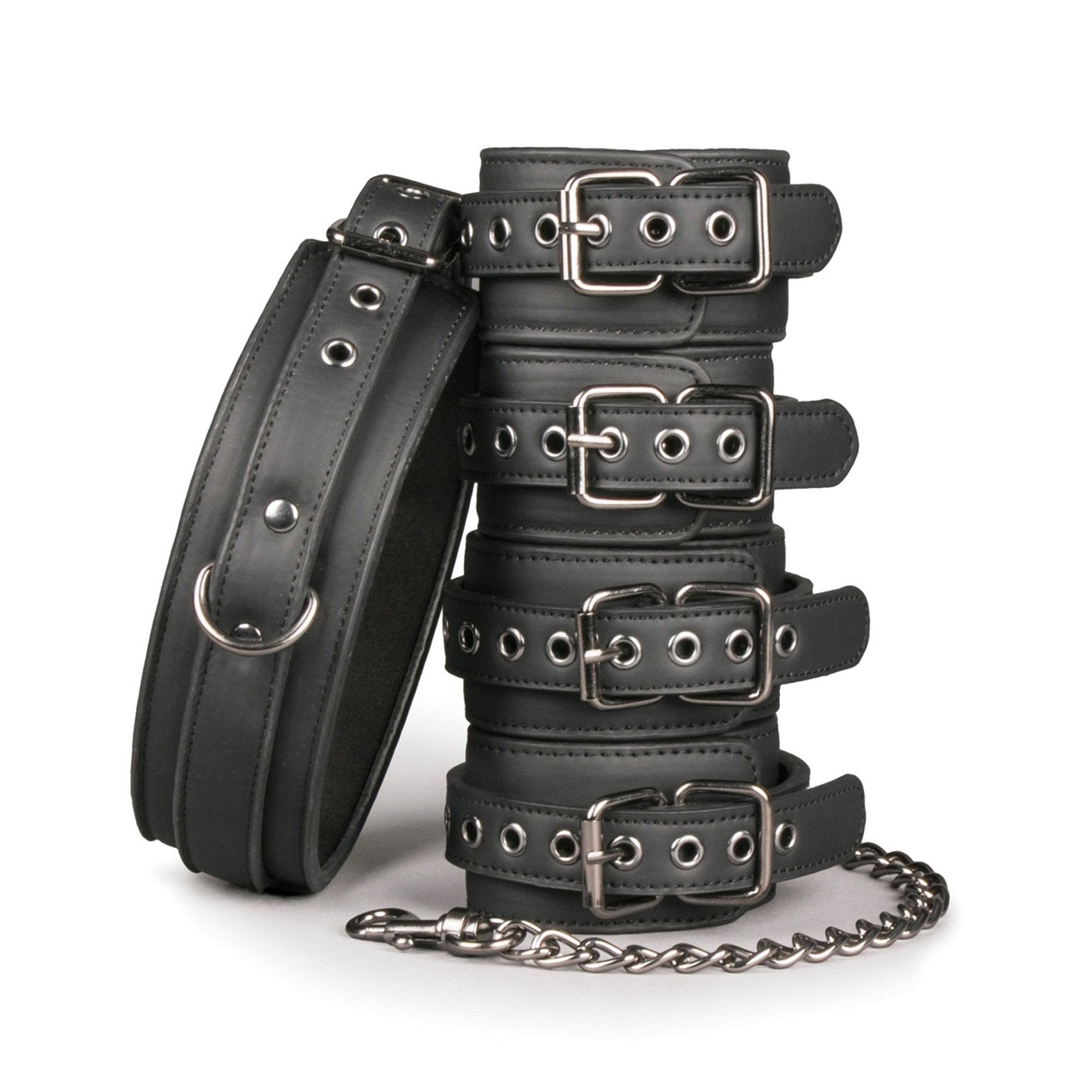 The Easy Toys Fetish Set features black faux leather restraints with buckles and metal eyelets, perfectly paired with a bondage gear metal chain and clasp.