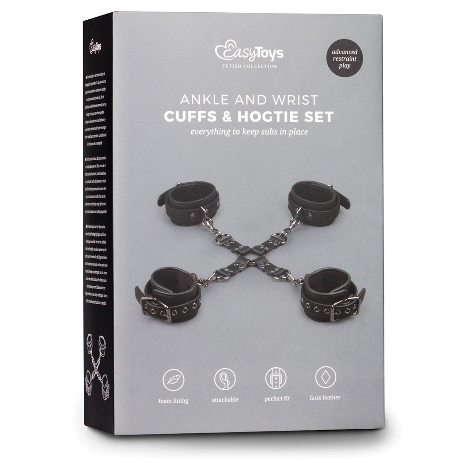 Box showcasing the Easy Toys Hogtie with Hand & Ankle Cuffs featuring black chains connecting adjustable cuffs. With a comfortable foam lining for a perfect fit, this faux leather set adds an authentic touch to your bondage gear.