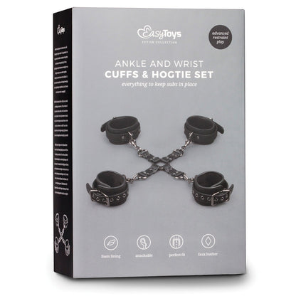 Box showcasing the Easy Toys Hogtie with Hand & Ankle Cuffs featuring black chains connecting adjustable cuffs. With a comfortable foam lining for a perfect fit, this faux leather set adds an authentic touch to your bondage gear.