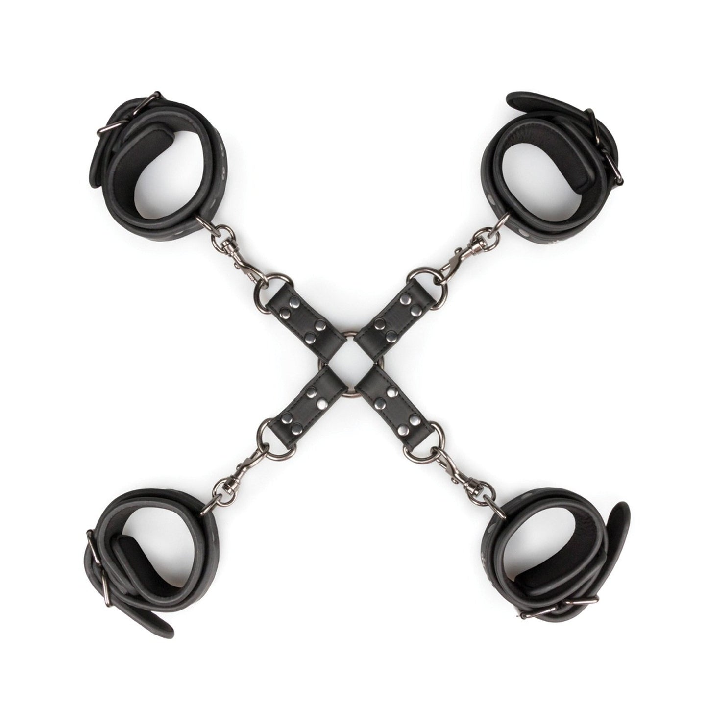 The Easy Toys Hogtie with Hand & Ankle Cuffs features sleek black faux leather cuffs connected by metal chains in an X shape on a white background, representing a sophisticated piece of bondage gear.