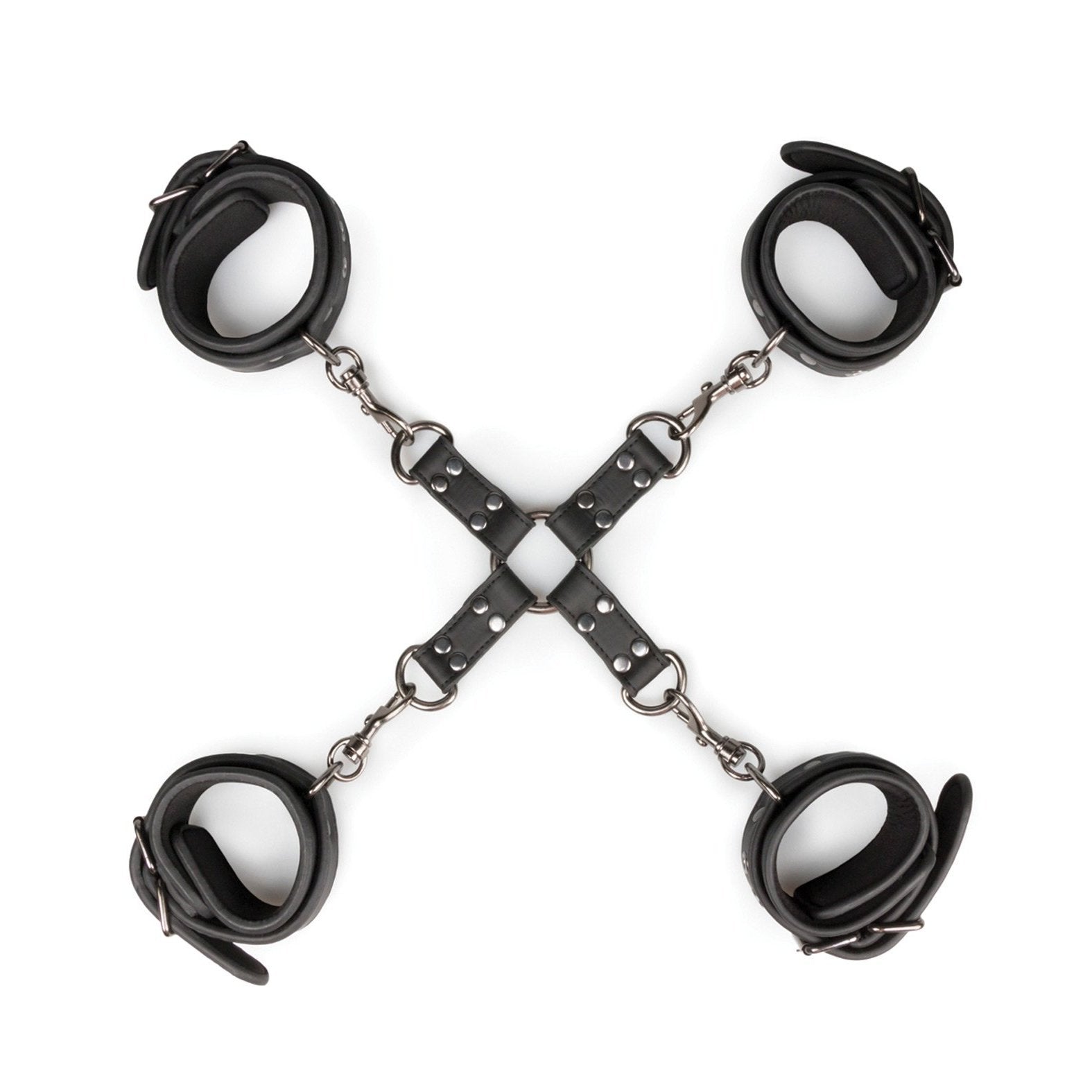 The Easy Toys Hogtie with Hand & Ankle Cuffs features sleek black faux leather cuffs connected by metal chains in an X shape on a white background, representing a sophisticated piece of bondage gear.