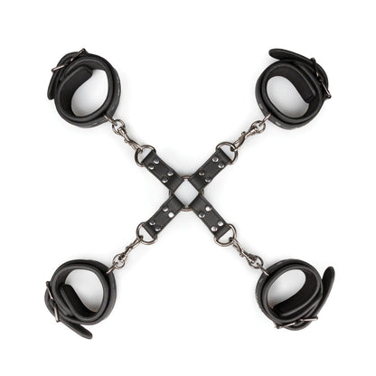 The Easy Toys Hogtie with Hand & Ankle Cuffs features sleek black faux leather cuffs connected by metal chains in an X shape on a white background, representing a sophisticated piece of bondage gear.