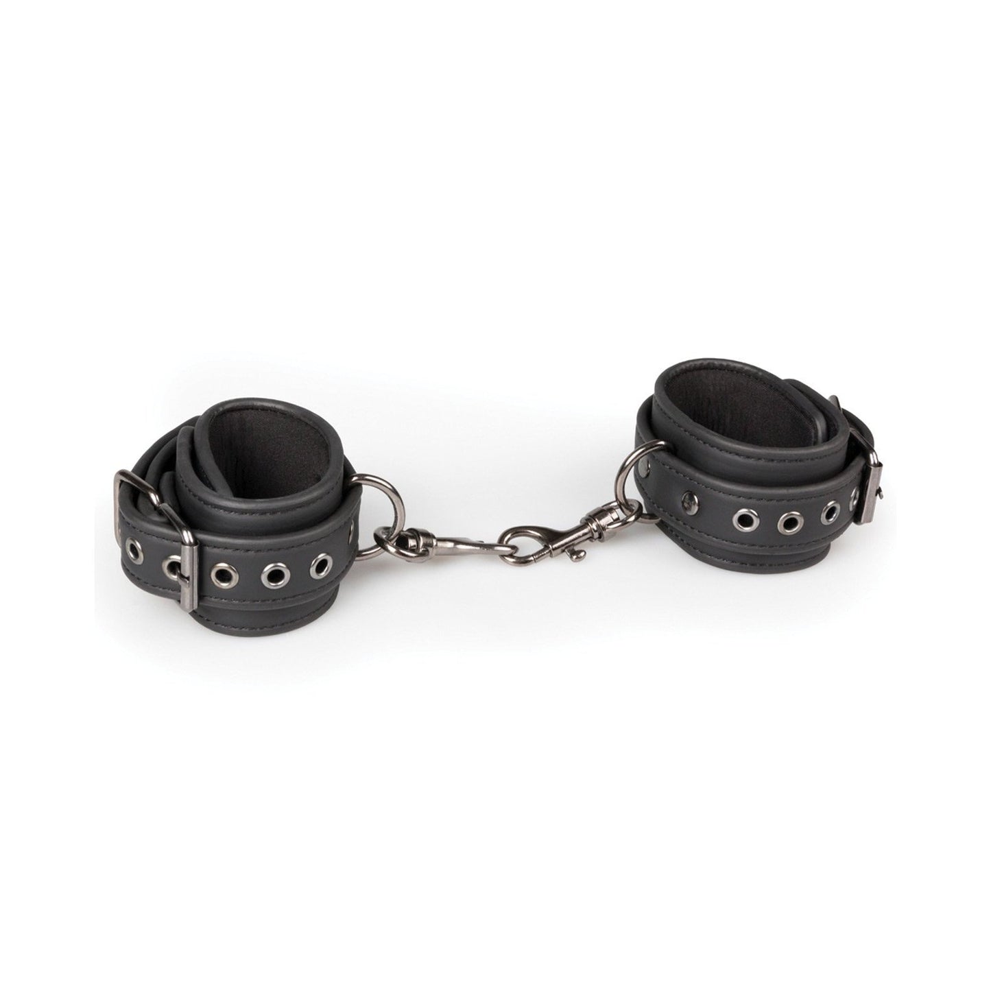 The Easy Toys Neck To Wrist Restraint Set from Adams Toy Box features black faux leather handcuffs with metal buckles and eyelets, linked by a short metal chain with a hook, exemplifying elegant bondage. Displayed on a plain white background.