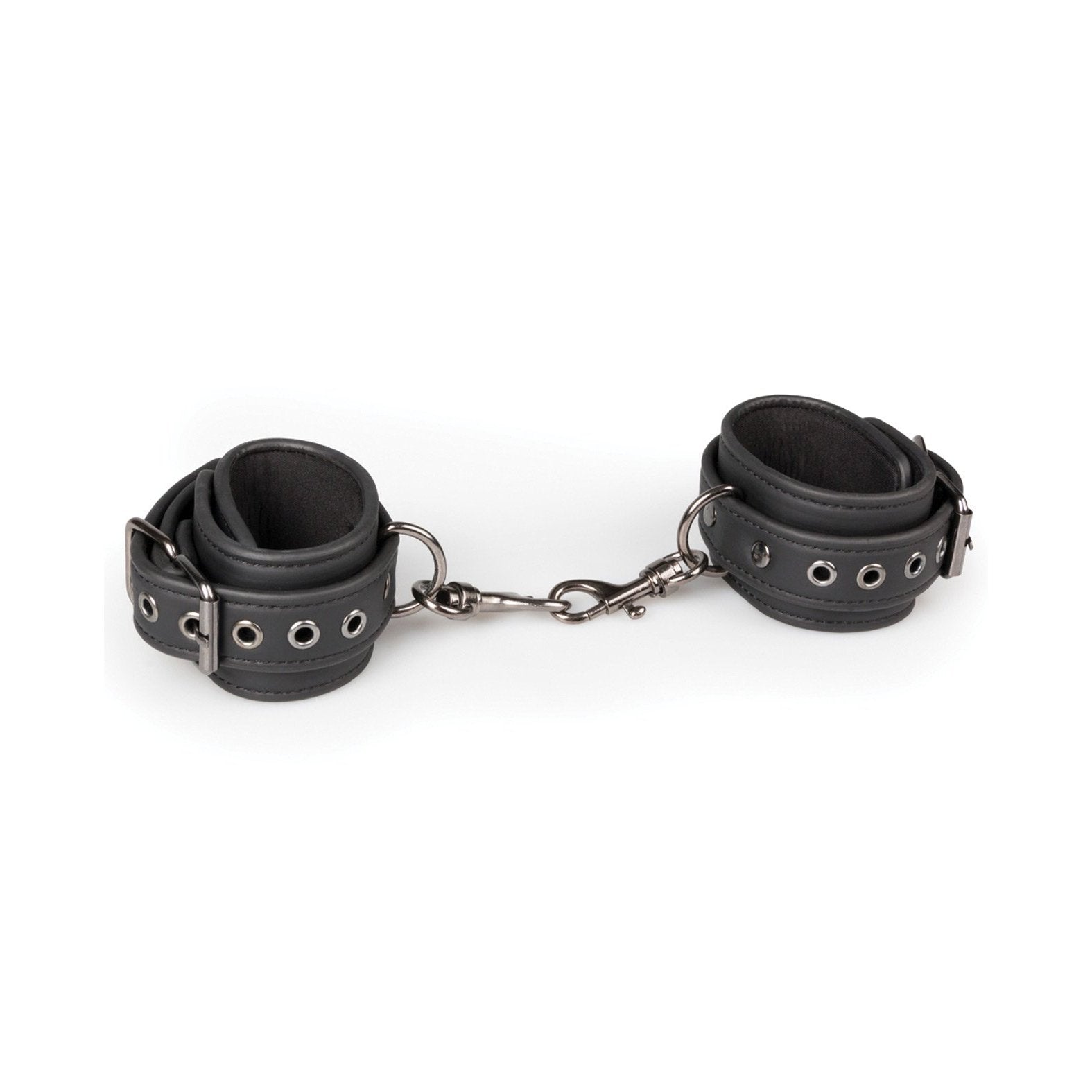 The Easy Toys Neck To Wrist Restraint Set from Adams Toy Box features black faux leather handcuffs with metal buckles and eyelets, linked by a short metal chain with a hook, exemplifying elegant bondage. Displayed on a plain white background.