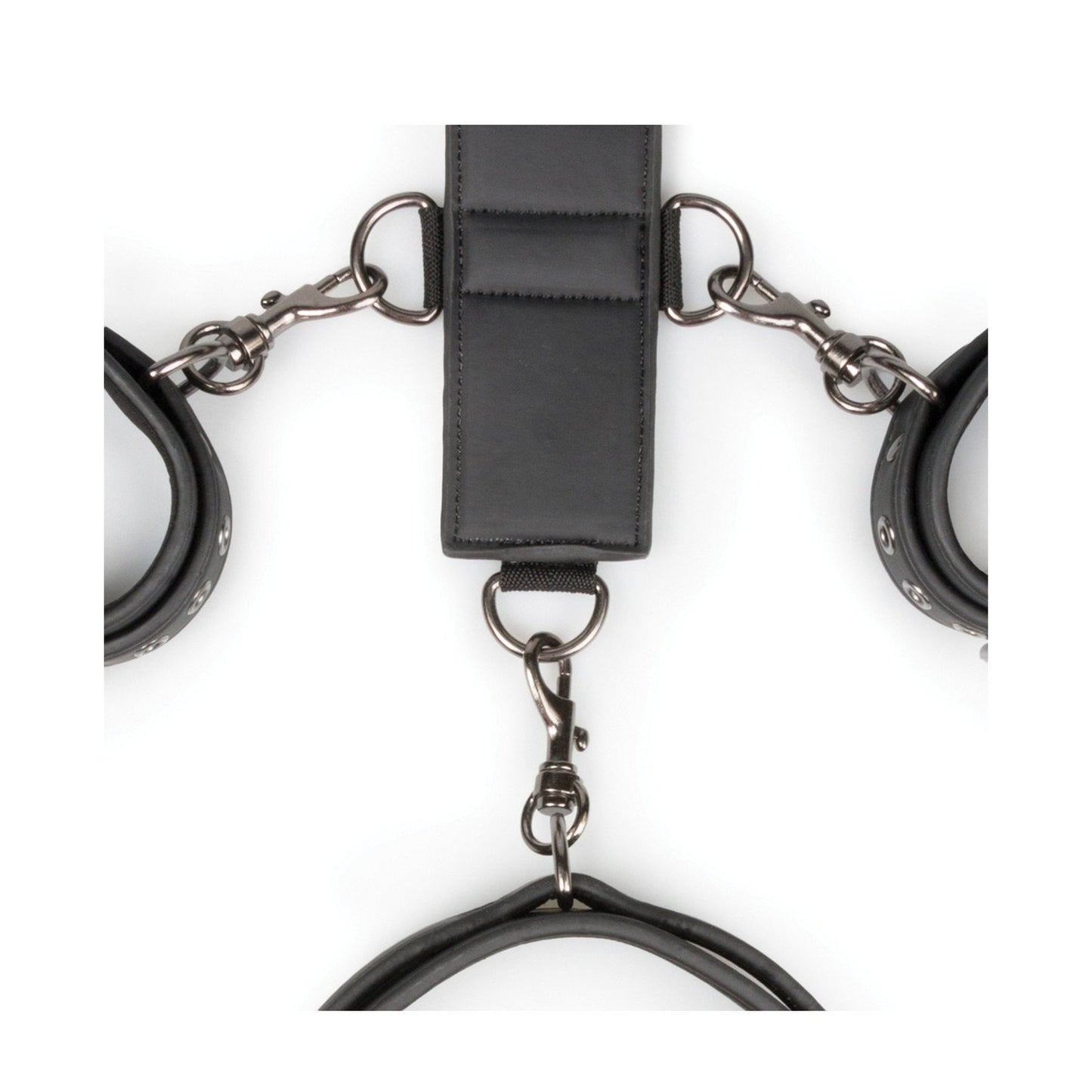 The Easy Toys Neck To Wrist Restraint Set by Adams Toy Box is displayed on a white background. This black faux leather harness features metal clips and rings, with padded loops joined by sturdy hardware, forming a collar-like symmetrical design.