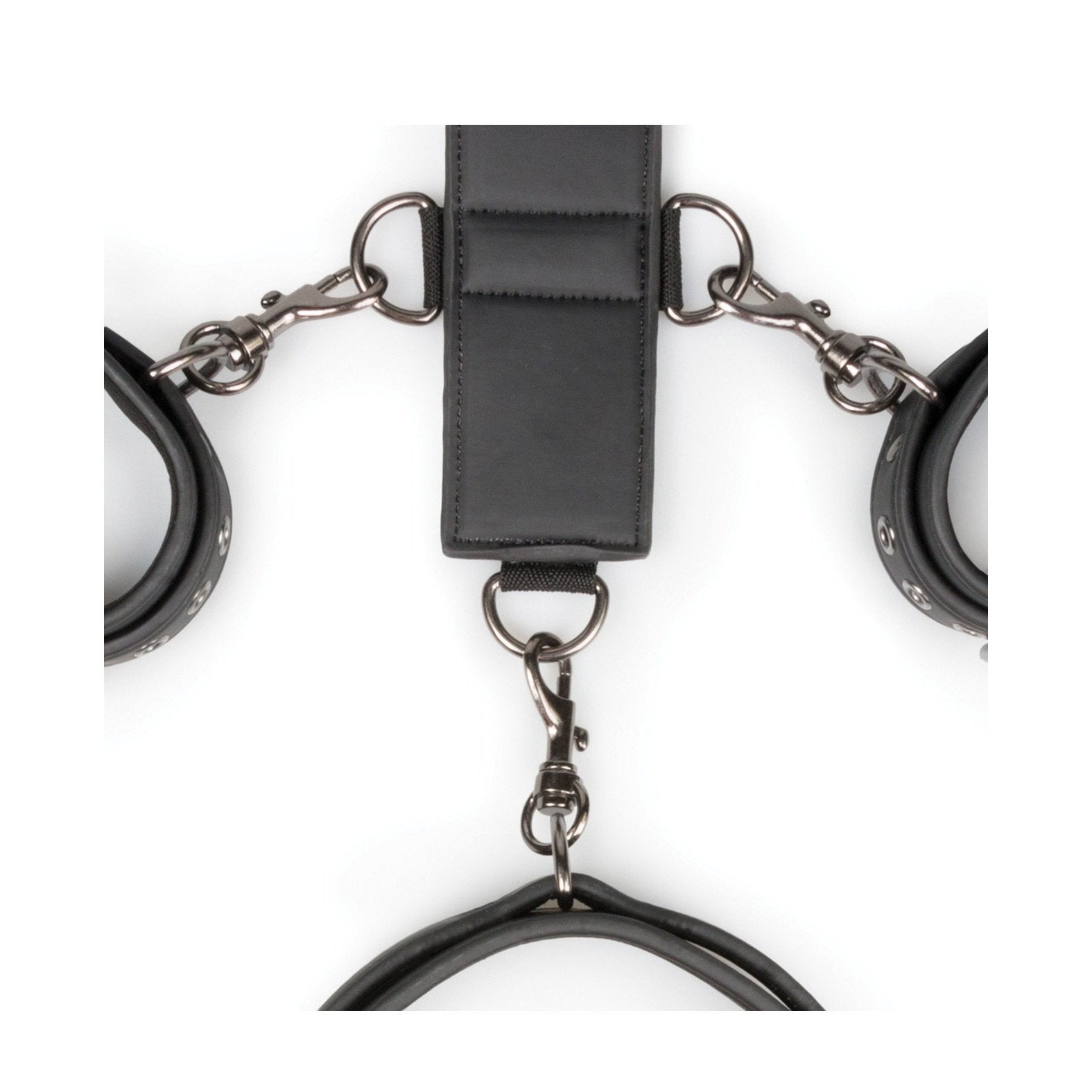 The Easy Toys Neck To Wrist Restraint Set by Adams Toy Box is displayed on a white background. This black faux leather harness features metal clips and rings, with padded loops joined by sturdy hardware, forming a collar-like symmetrical design.