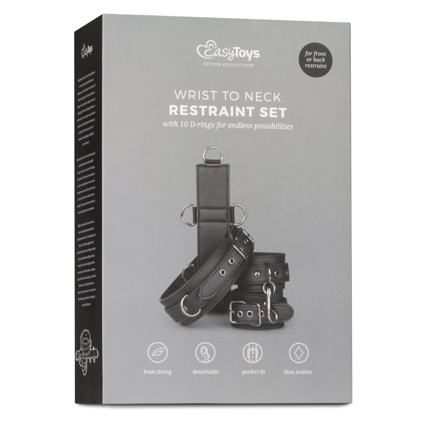 The Easy Toys Neck To Wrist Restraint Set by Adams Toy Box is packaged to display its features, including foam lining, detachable parts for a perfect fit, and premium faux leather.