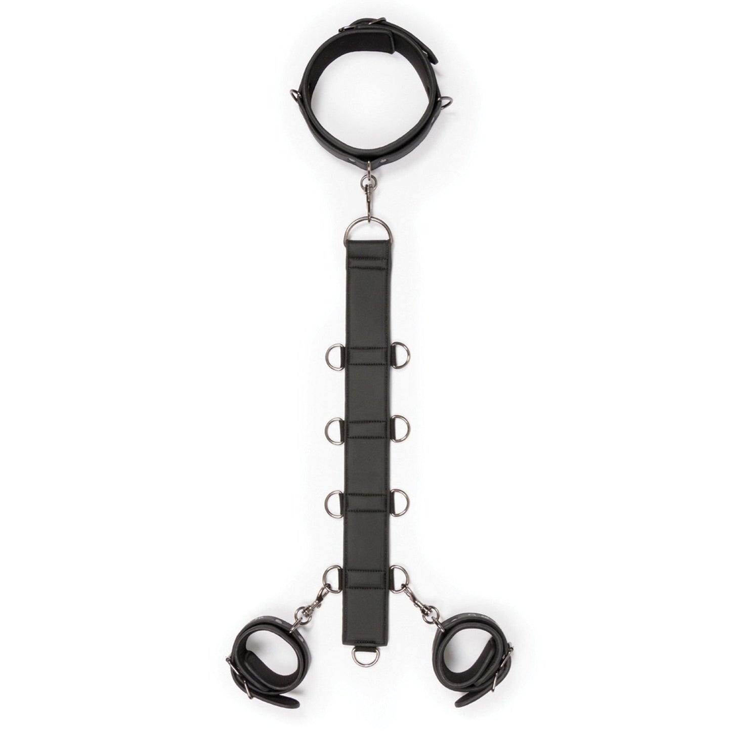 The Easy Toys Neck To Wrist Restraint Set by Adams Toy Box, crafted from black faux leather, includes a collar with a vertical strap featuring metal rings and two wrist cuffs connected by metal clips. This stylish BDSM set is elegantly showcased on a plain white background.